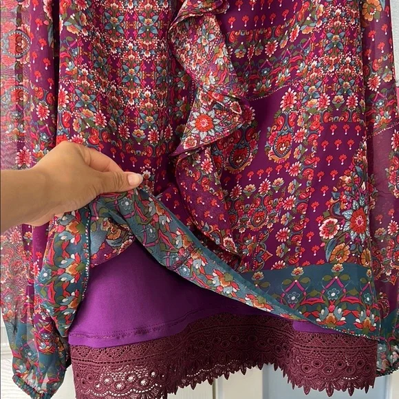 1. State Red and Purple Tie Front Ruffled Blouse - Picture 5 of 11